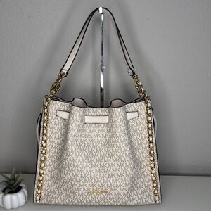 Michael Kors Mina Large Logo Shoulder Tote Bag Light Cream NWT
